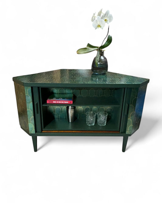 Mid Century swivel bar cabinet with Nizwa Jade by Bethan Gray | The Vintage Vibe