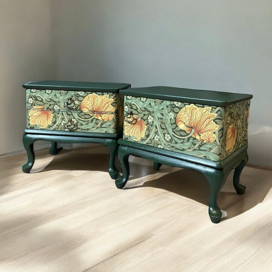 Vintage bedside tables covered with Pimpernel by William Morris | The Vintage Vibe