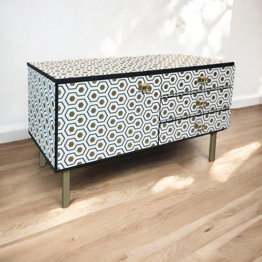 Vintage sideboard upholstered in Hicks' Hexagon by Cole &amp; Son | The Vintage Vibe