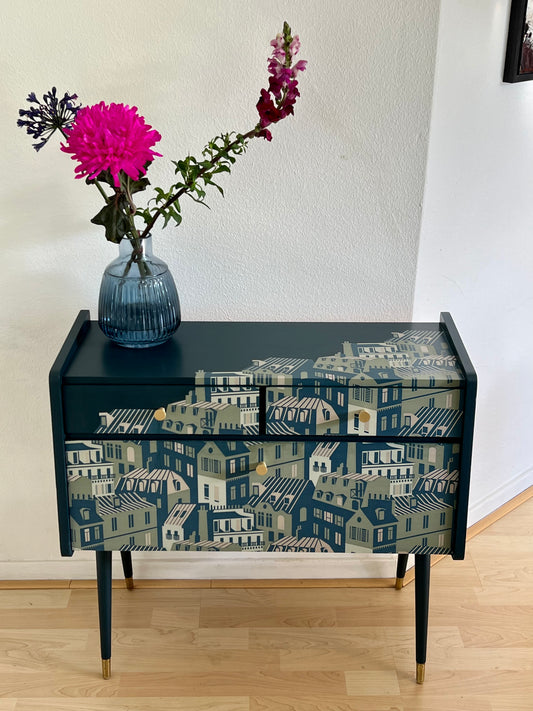Vintage cabinet in blue, green and gold and a print of the roofs of Paris | The Vintage Vibe